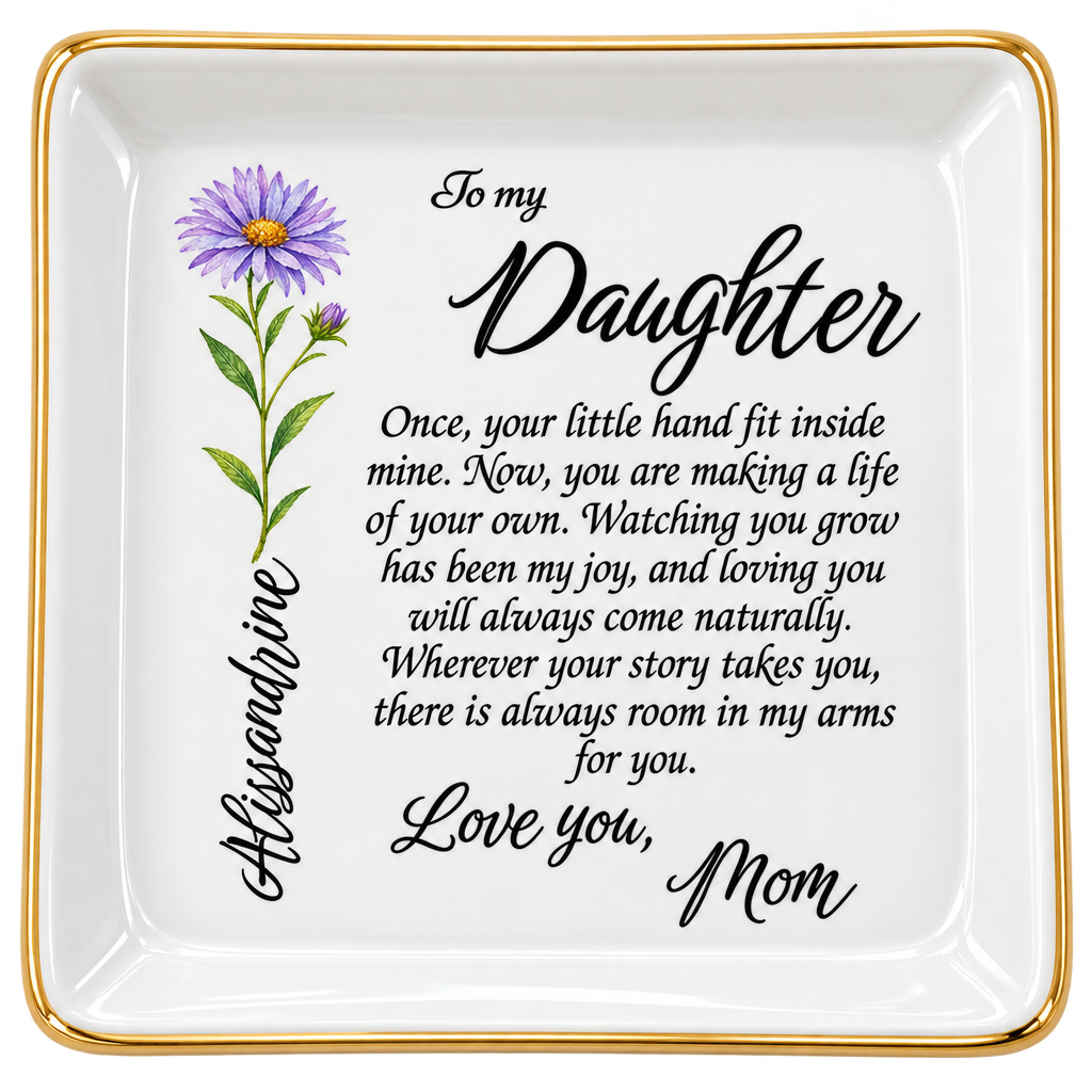 Personalized Birth Flower Jewelry Dish for Daughter – Custom Name Keepsake Gift from Mom