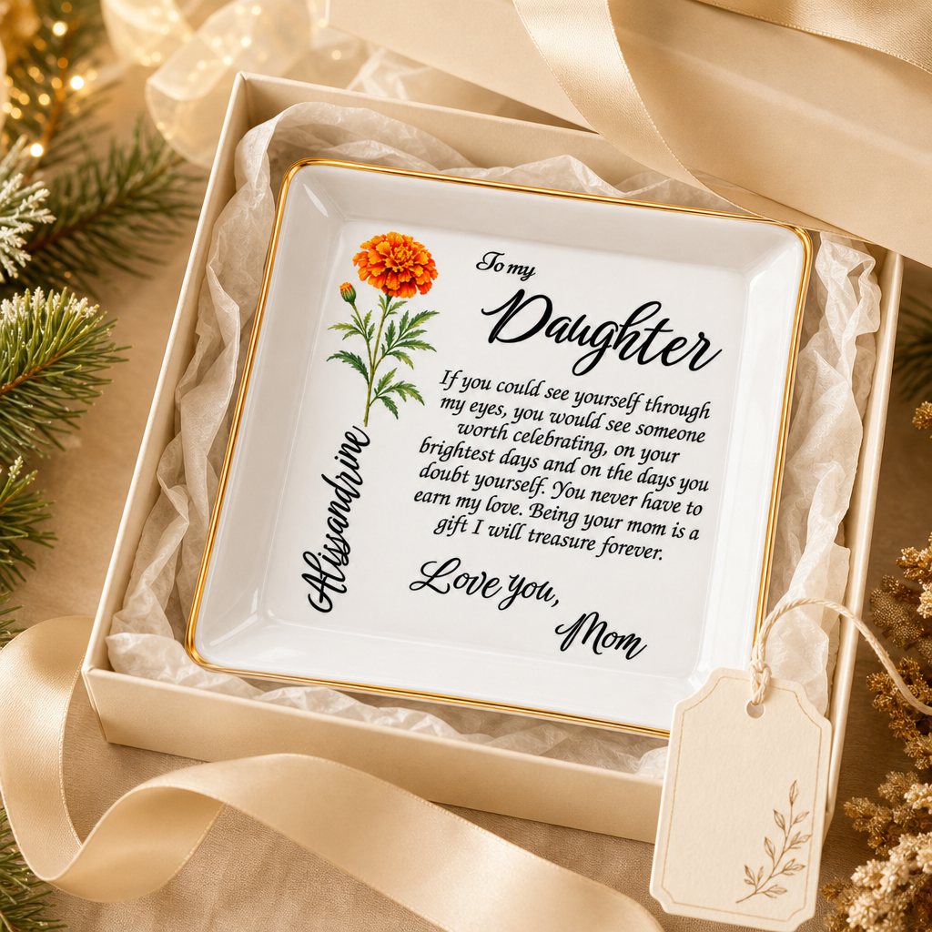 Gift-boxed jewelry dish featuring an orange marigold illustration, nestled in tissue paper with festive ribbon and greenery.