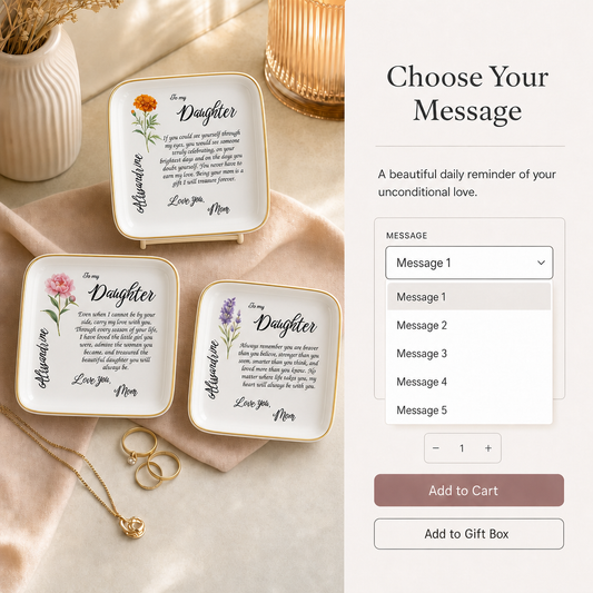 Three small personalized jewelry dishes with different floral designs on a tabletop alongside a Choose Your Message panel.
