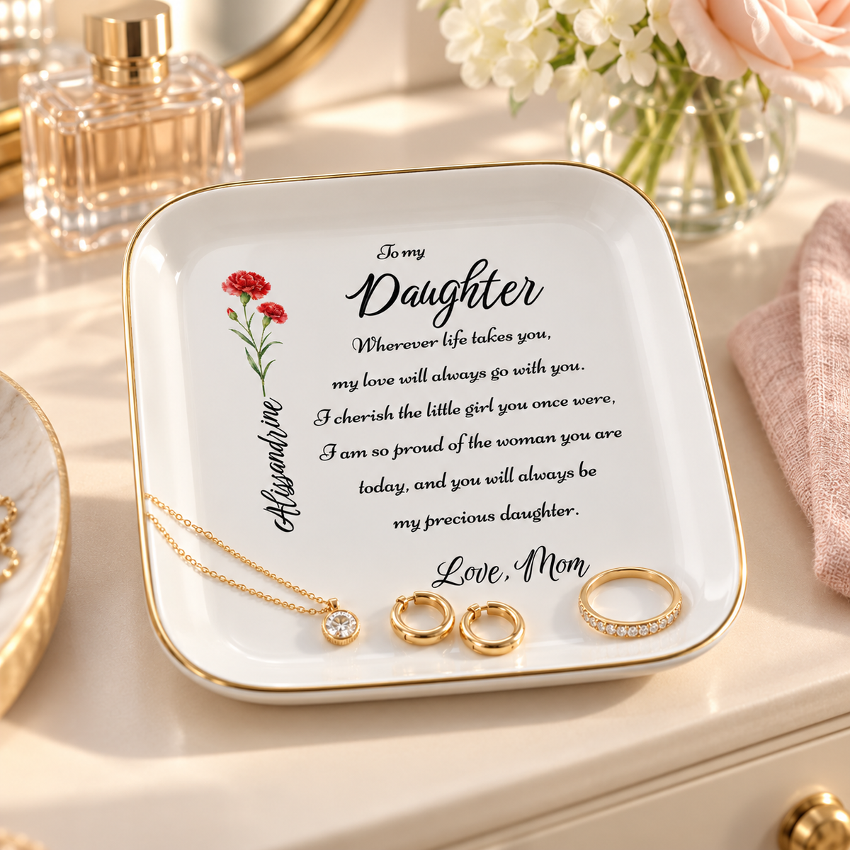 Personalized Birth Flower Jewelry Dish for Daughter – Custom Name Keepsake Gift from Mom