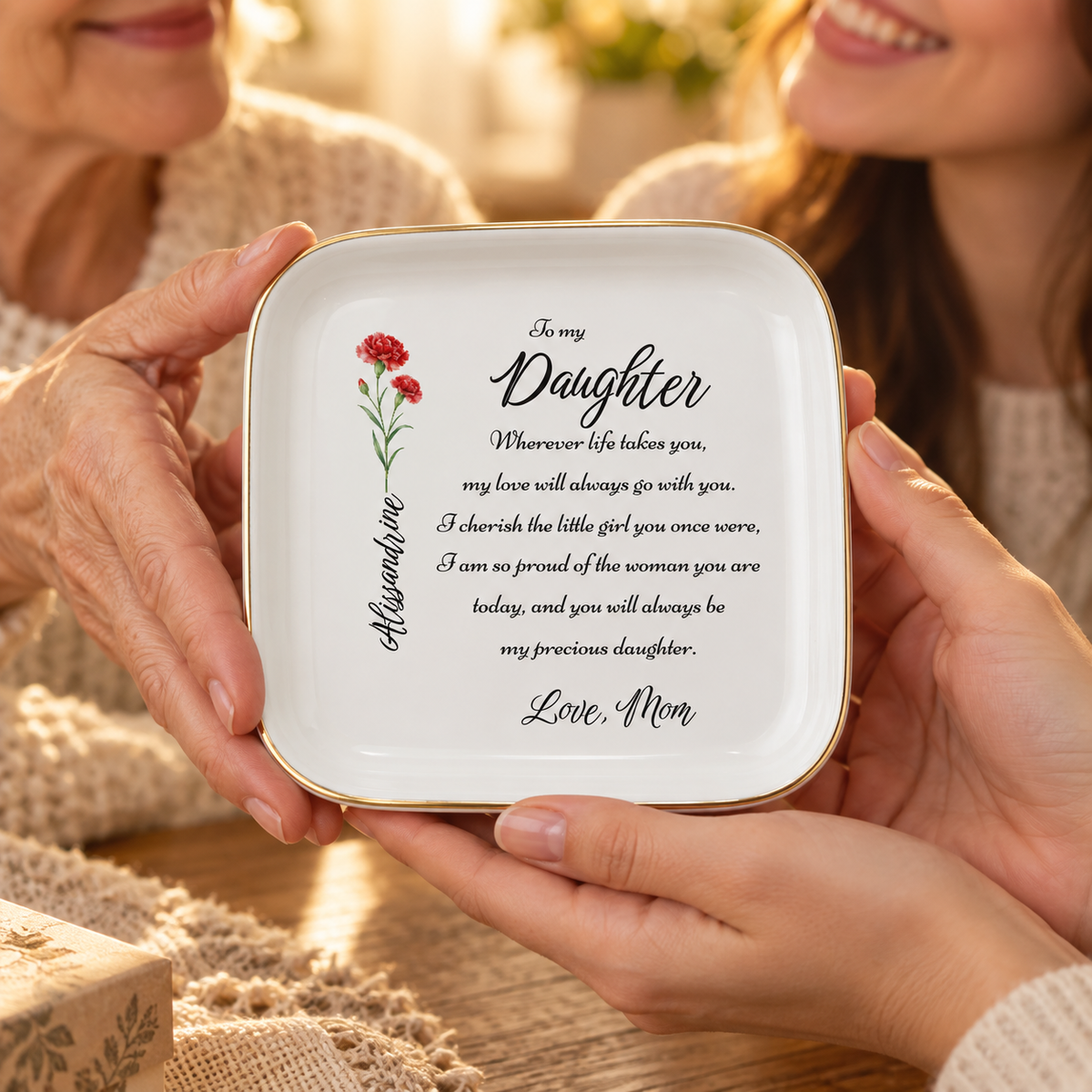 Personalized Birth Flower Jewelry Dish for Daughter – Custom Name Keepsake Gift from Mom