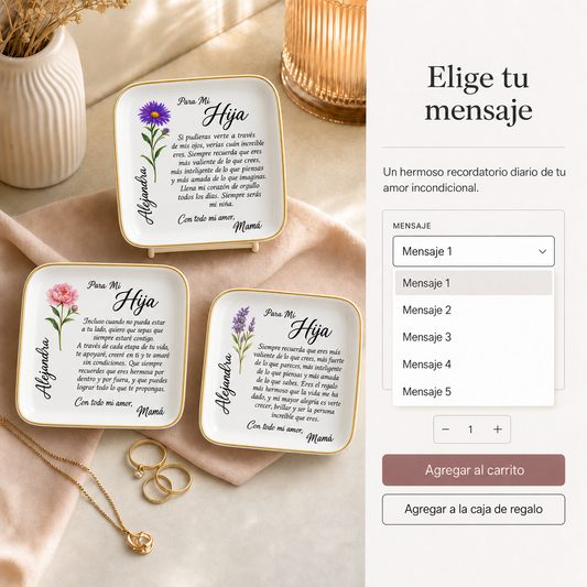 Tres platos personalizados con texto en espanol y un panel lateral titulado Elige tu mensaje mostrando opciones de mensaje.