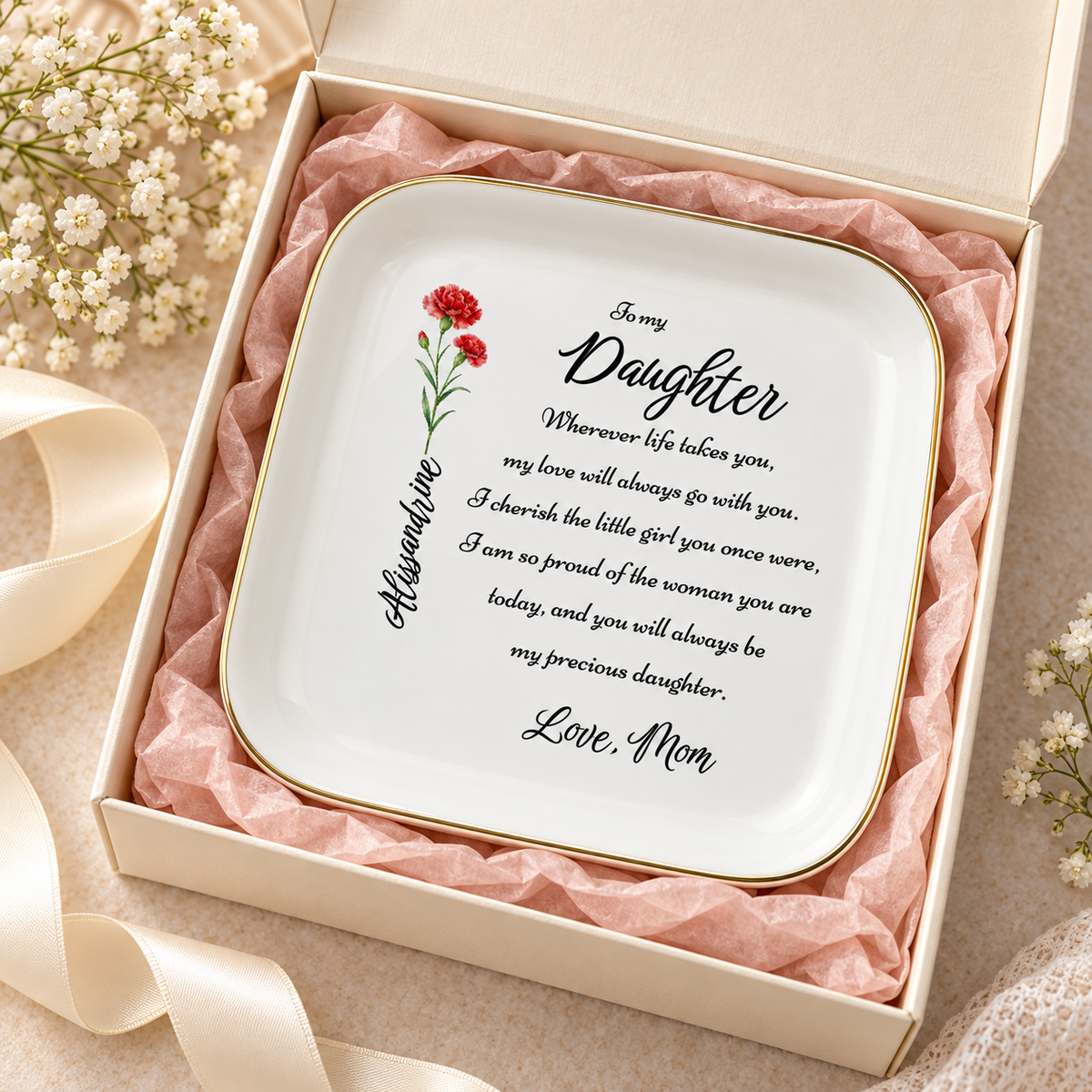 White gold-rimmed ceramic jewelry dish in a gift box with pink tissue paper, decorated with red carnations and a printed To my Daughter message.