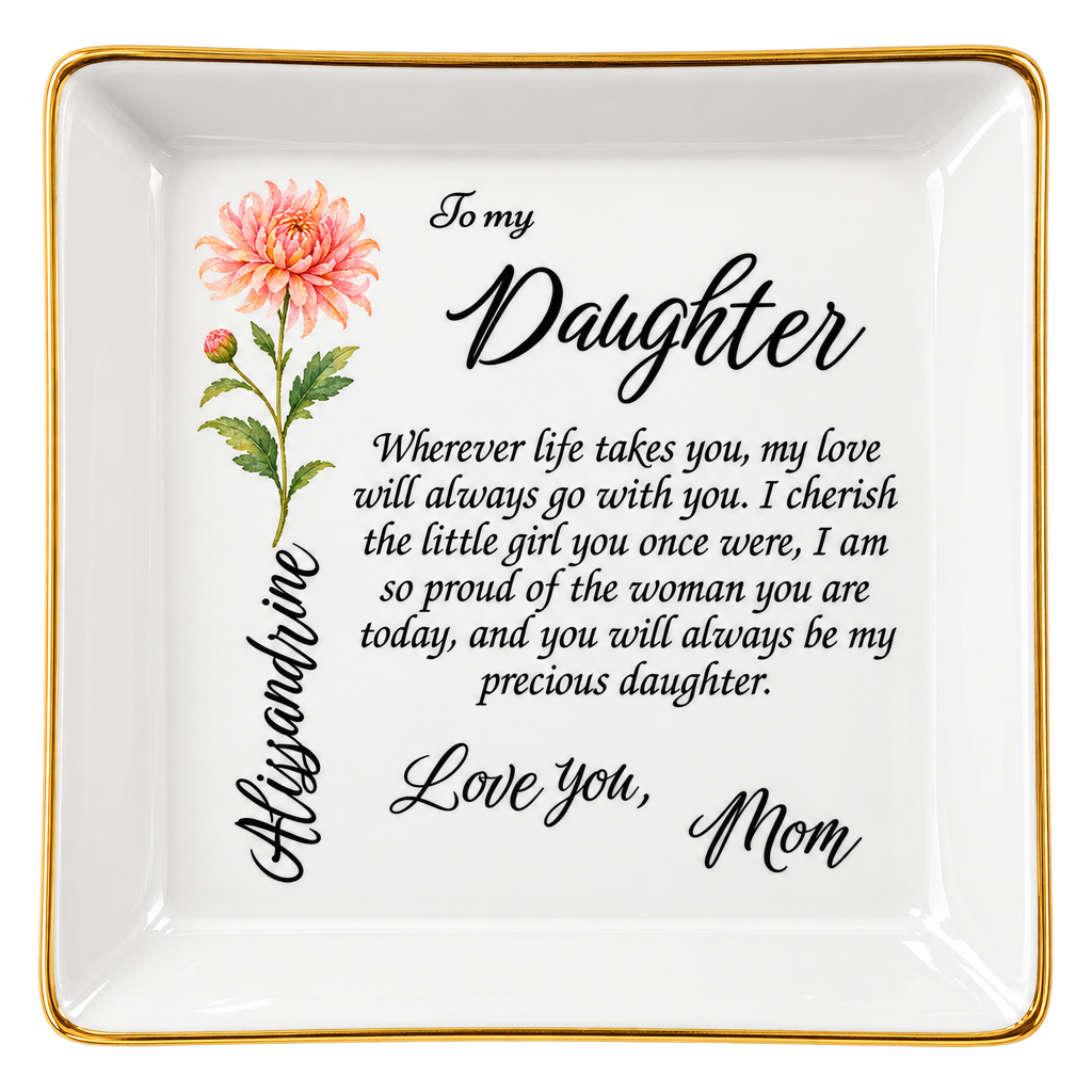 Personalized Birth Flower Jewelry Dish for Daughter – Custom Name Keepsake Gift from Mom