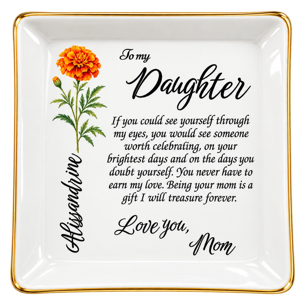 Personalized Birth Flower Jewelry Dish for Daughter – Custom Name Keepsake Gift from Mom